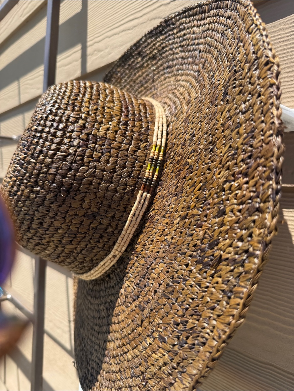 Wide Brim Straw Sun Hat with Beaded Accent - Brown